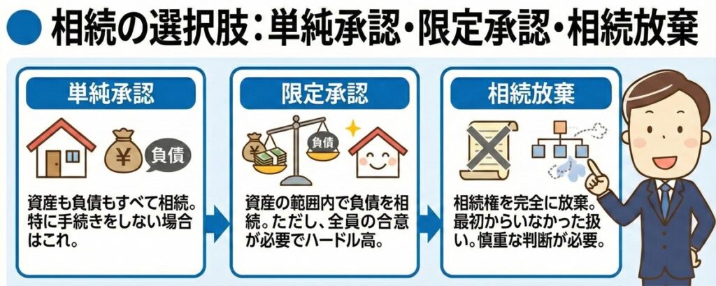 単純承認、相続放棄、限定承認など